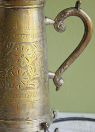 Brass Table Top Lamp.  Lamp in Shape of Tea Pot.  Hand Engraved Brass Lamp. Night Table Lamp with Four Ornate Feet.