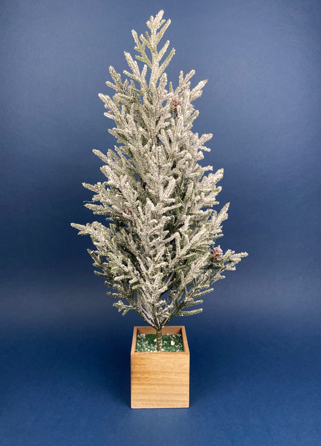 Christmas Tree in Wooden Box. Snow Covered/Flocked Pine Tree. Holiday/Winter Decor for Home or Office.