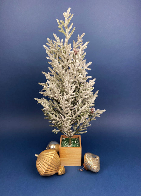 Christmas Tree in Wooden Box. Snow Covered/Flocked Pine Tree. Holiday/Winter Decor for Home or Office.