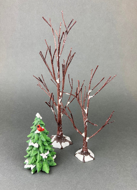 Christmas Village Accessories. Set of Two Gnarly Trees by Department 56 and Pine Tree wit Robin. Holiday Decor.