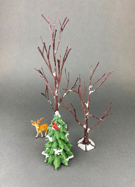 Christmas Village Accessories. Set of Two Gnarly Trees by Department 56 and Pine Tree wit Robin. Holiday Decor.