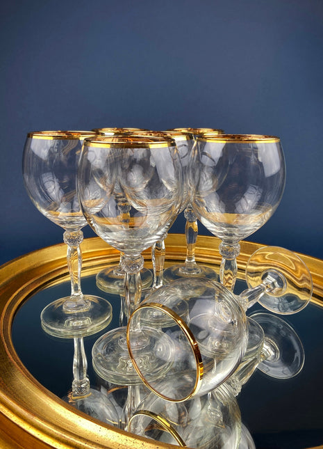 Crystal Clear Wine Glasses with Gold Rims. Set of Seven Large, 8", Wine Stemware. Modern and Minimal Glassware with Ball Stem.