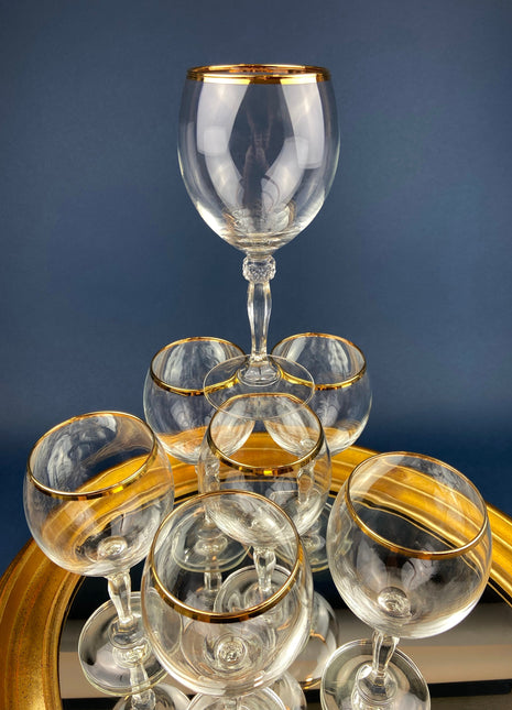 Crystal Clear Wine Glasses with Gold Rims. Set of Seven Large, 8", Wine Stemware. Modern and Minimal Glassware with Ball Stem.