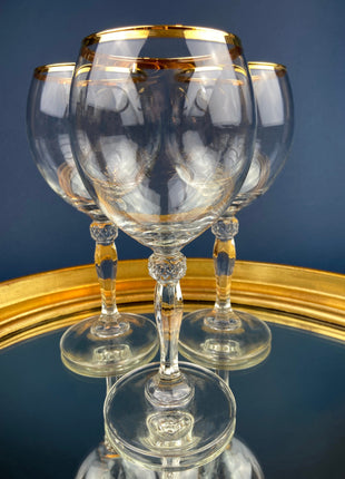 Crystal Clear Wine Glasses with Gold Rims. Set of Seven Large, 8", Wine Stemware. Modern and Minimal Glassware with Ball Stem.