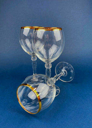 Crystal Clear Wine Glasses with Gold Rims. Set of Seven Large, 8", Wine Stemware. Modern and Minimal Glassware with Ball Stem.