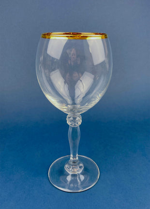 Crystal Clear Wine Glasses with Gold Rims. Set of Seven Large, 8", Wine Stemware. Modern and Minimal Glassware with Ball Stem.