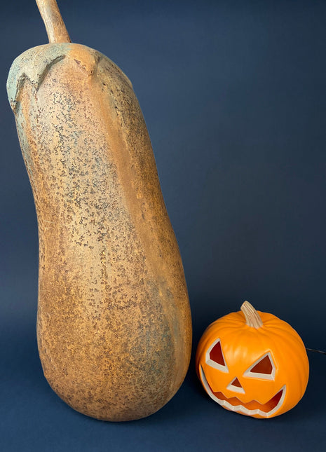 Extra Large Gourd or Pumpkin. Vintage Thanksgiving, Halloween, or Fall Home Decoration. Composite Gourd Looking as Made of Concrete.