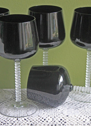 Fostoria Precedence Black Crystal Goblets with Clear Stems, 6108. Set of 5 Glasses.