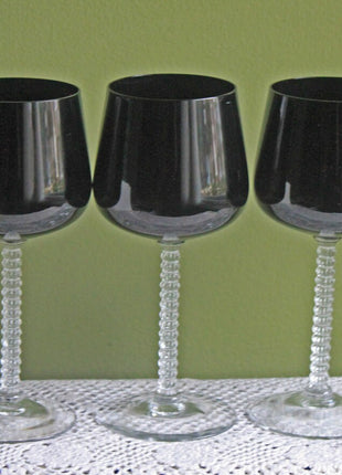 Fostoria Precedence Black Crystal Goblets with Clear Stems, 6108. Set of 5 Glasses.