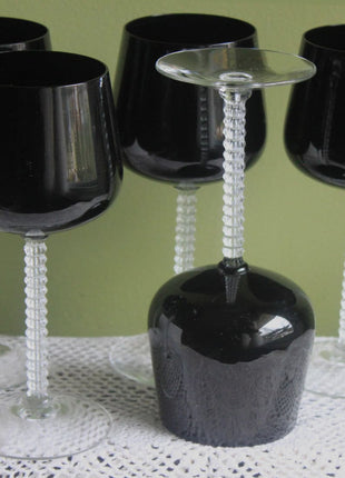 Fostoria Precedence Black Crystal Goblets with Clear Stems, 6108. Set of 5 Glasses.