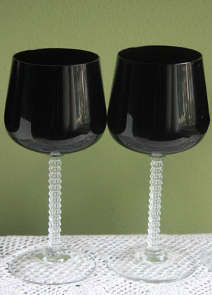 Fostoria Precedence Black Crystal Goblets with Clear Stems, 6108. Set of 5 Glasses.