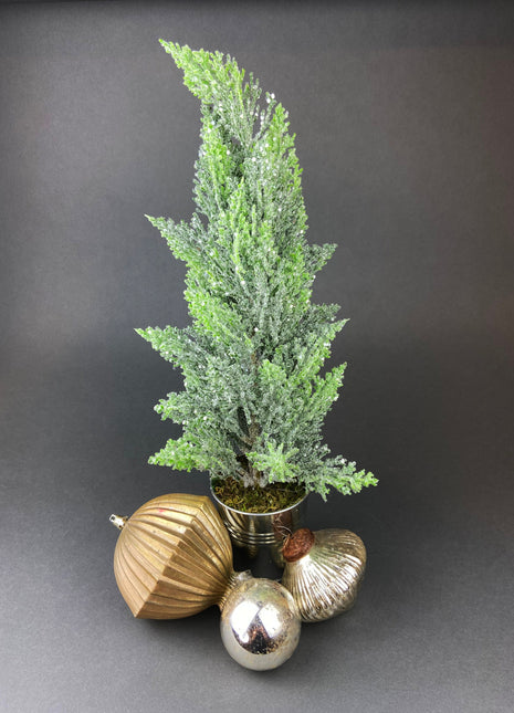 Frosted Christmas Tree in Silver Container. Sparkling Pine Tree in Metal Bucket. Winter/Holiday Decor for Office or Home.
