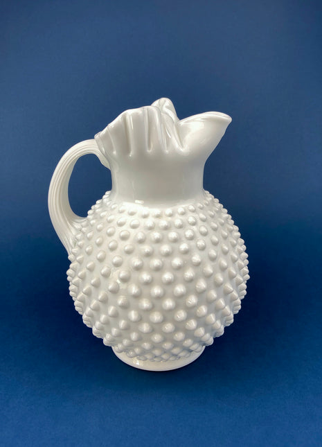 Milk Glass Pitcher with Hobnail Pattern and Ruffled Rim. Large Jug with Pinched Top and Fluted Handle. Milk or Water Jug. Collectible Glass.