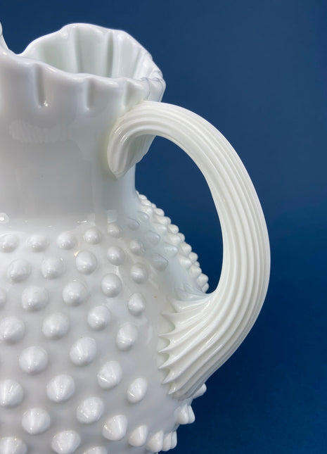 Milk Glass Pitcher with Hobnail Pattern and Ruffled Rim. Large Jug with Pinched Top and Fluted Handle. Milk or Water Jug. Collectible Glass.