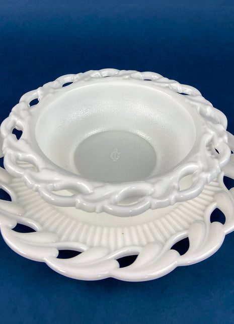 Milk Glass Serving Bowl and Plate. Imperial Glass Bowl and Unmarked Plate. Set of Two Serving Dishes. White, with Lacey Rim. Fine Dining.