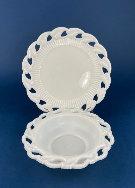 Milk Glass Serving Bowl and Plate. Imperial Glass Bowl and Unmarked Plate. Set of Two Serving Dishes. White, with Lacey Rim. Fine Dining.