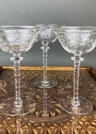 Vintage Wine Glasses. Cut Crystal Tall Stemware. Daisy Garland Motif. Set of Eight.