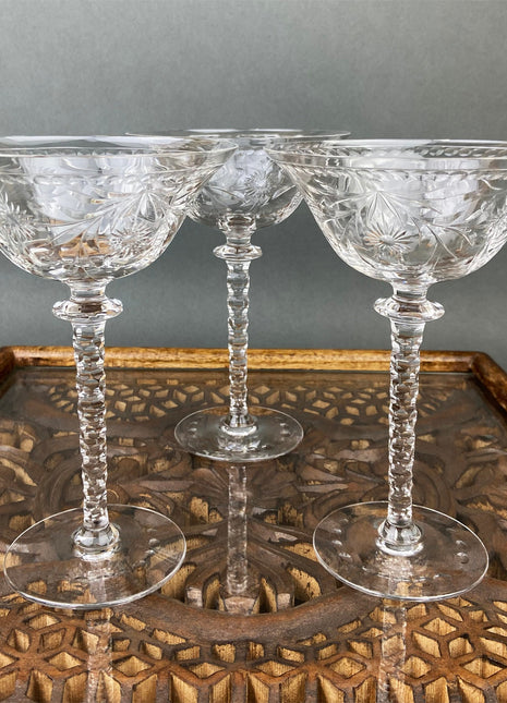 Vintage Wine Glasses. Cut Crystal Tall Stemware. Daisy Garland Motif. Set of Eight.