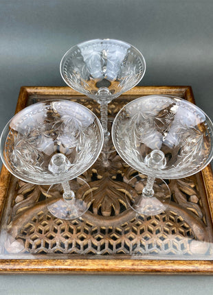 Vintage Wine Glasses. Cut Crystal Tall Stemware. Daisy Garland Motif. Set of Eight.