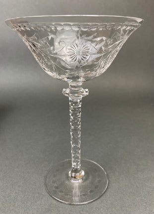 Vintage Wine Glasses. Cut Crystal Tall Stemware. Daisy Garland Motif. Set of Eight.