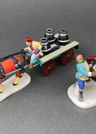 Village Accessories by Department 56. Stoves and Pipes. A New Potbellied Stove For Christmas. Set of Two Handpainted Porcelain Figurines.