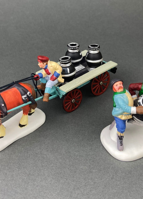 Village Accessories by Department 56. Stoves and Pipes. A New Potbellied Stove For Christmas. Set of Two Handpainted Porcelain Figurines.