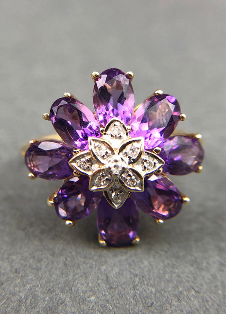 Vintage 10k Gold Amethyst and Diamond Ring