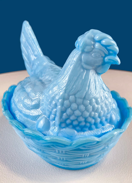 Light Blue Milk Glass Hen in a Basket. Milk Glass Chicken Sitting on Eggs in a Basket. Butter Dish, Storage Bowl with Lid. Collectible Hen.