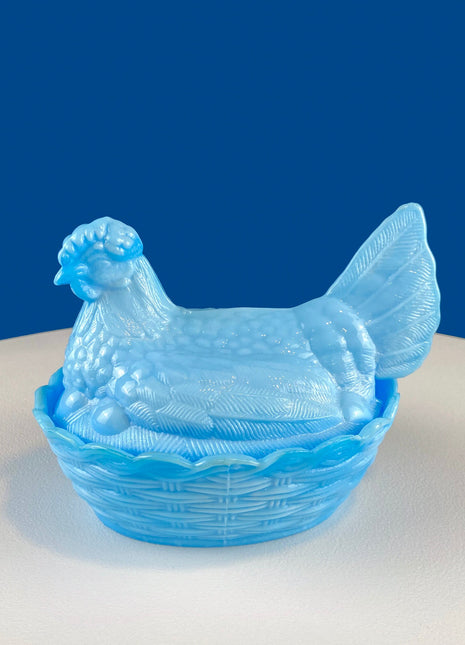 Lt. Blue Milk Glass Hen in a Basket. Milk Glass Chicken Sitting on Eggs in a Basket. Butter Dish, Storage Bowl with Lid. Collectible Hen.