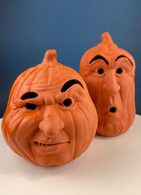 Set of Two Large Clay Pumpkins Making Scary Funny Faces. Candle or Light Kit. Halloween Thanksgiving Fall Decor. Home, Porch or Retail.