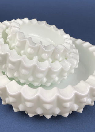 Vintage Fenton Milk Glass Nesting Ashtrays. Hobnail Ashtrays or Bowls with Scalloped Edge. Set of Three. Gift for Him.