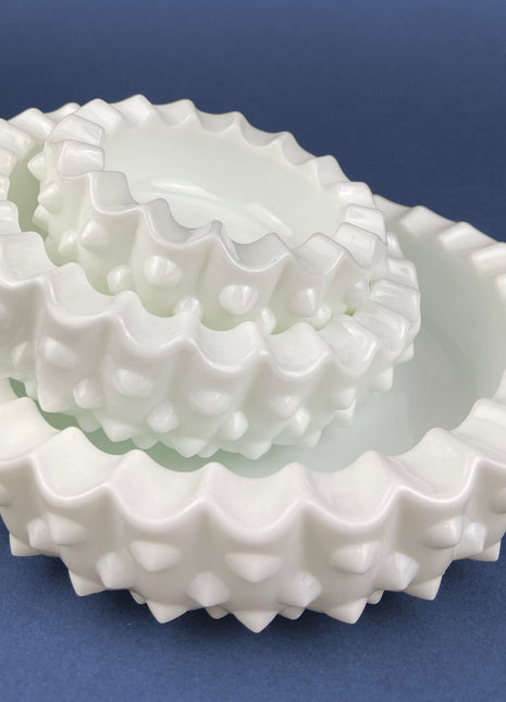 Vintage Fenton Milk Glass Nesting Ashtrays. Hobnail Ashtrays or Bowls with Scalloped Edge. Set of Three. Gift for Him.