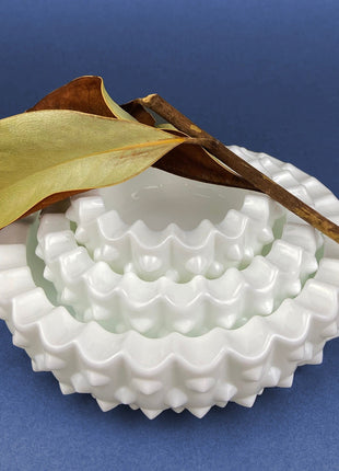 Vintage Fenton Milk Glass Nesting Ashtrays. Hobnail Ashtrays or Bowls with Scalloped Edge. Set of Three. Gift for Him.