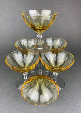 Vintage Fostoria Crystal Topaz Champagne Glasses. Light Yellow Depression Glass Low Sherbet Stemware. Gold Footed Glasses. Set of Five.