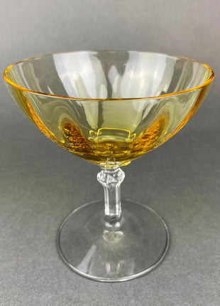 Vintage Fostoria Crystal Topaz Champagne Glasses. Light Yellow Depression Glass Low Sherbet Stemware. Gold Footed Glasses. Set of Five.