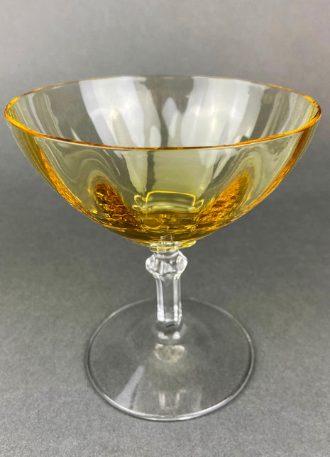 Vintage Fostoria Crystal Topaz Champagne Glasses. Light Yellow Depression Glass Low Sherbet Stemware. Gold Footed Glasses. Set of Five.