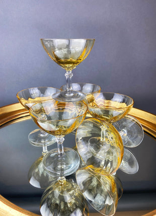 Vintage Fostoria Crystal Topaz Champagne Glasses. Light Yellow Depression Glass Low Sherbet Stemware. Gold Footed Glasses. Set of Five.