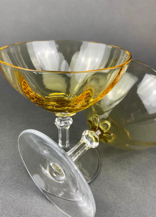 Vintage Fostoria Crystal Topaz Champagne Glasses. Light Yellow Depression Glass Low Sherbet Stemware. Gold Footed Glasses. Set of Five.