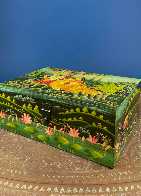 Handpainted Wooden Storage Box. Indian Themed Trinket Box. Rustic, Colorful Treasure Box Depicting Man & Woman in a Garden. Primitive Art.