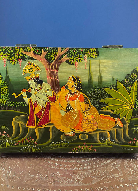 Handpainted Wooden Storage Box. Indian Themed Trinket Box. Rustic, Colorful Treasure Box Depicting Man & Woman in a Garden. Primitive Art.