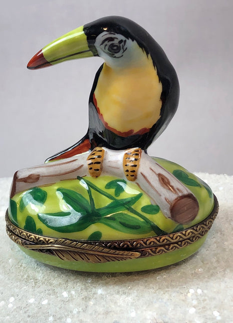Limoges Box with Bird Toucan on Lid. Collectible Porcelain and Brass  Item Made in France.