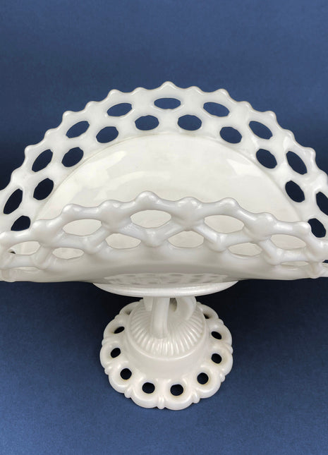 Vintage Westmoreland Vintage Milk Glass Pedestal Banana Bowl Boat. Reticulated Edge and Doric Stand. Table Centerpiece.