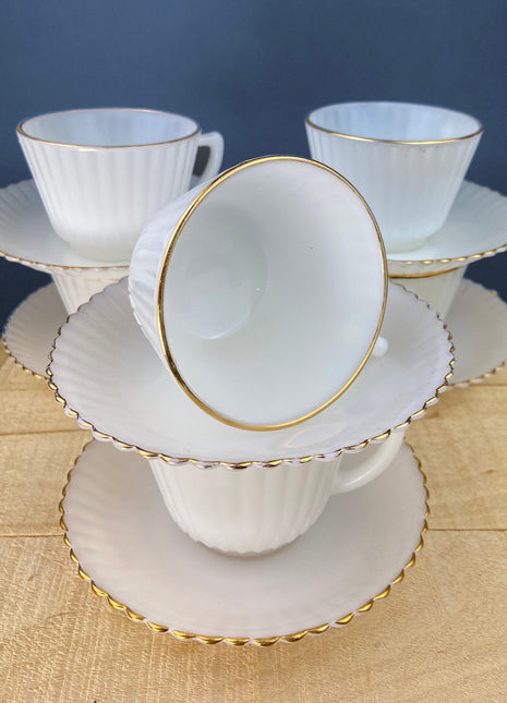 Antique Moonstone Opalescent Cups and Saucers. White with Gold Brim Depression Glass Tea Cups. White Table Setting. Fine Dining.