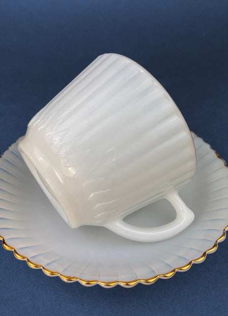 Antique Moonstone Opalescent Cups and Saucers. White with Gold Brim Depression Glass Tea Cups. White Table Setting. Fine Dining.