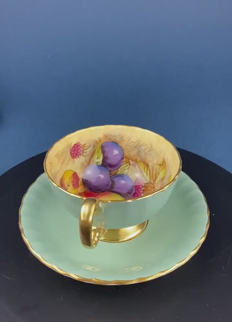 Vintage Tea Cup & Saucer. Aynsley Fine Bone China. Beautiful Fruit Motif: Peaches, Plums, Berries. Collectible Tea Set. Gift for Him or Her.