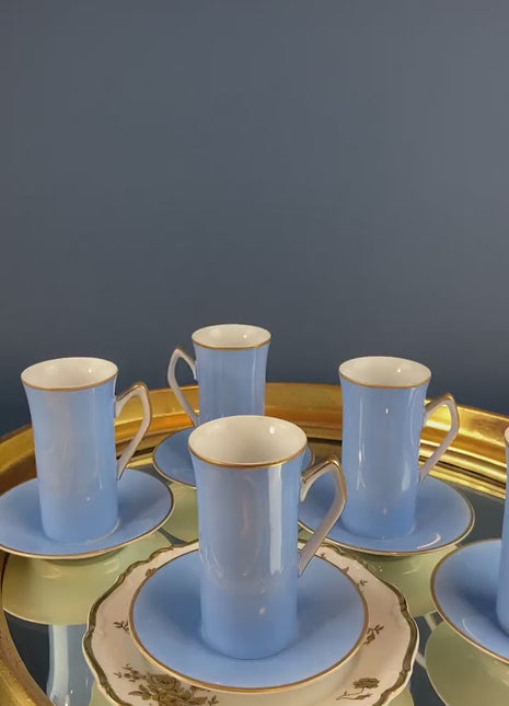 Blue and Gold Hot Chocolate or Espresso Cups and Saucers. Set of 5 Slim, Minimal, Modern Cups. Cottagecore Living. Gift for Mom or Dad.