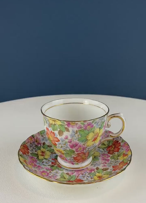 Colorful Tuscan Cup & Saucer. Hand-Painted Flower Motif. Vintage Breakfast Tea Set. Garden Tea Party. Gift for Mom, Tea Connoisseur.