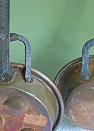 Two Antique Copper Frying Pans with Wrought Iron Handles