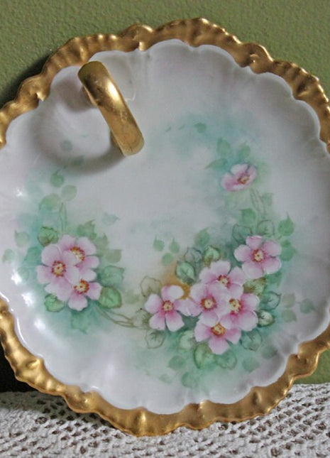 Lemon Serving Plate with Golden Handle, Scalloped Rim, Hand Painted Wild Roses