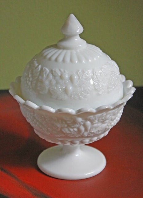 Westmoreland Footed Bowl or Box with Lid. Milk Glass Trinket Bowl with Embossed Fruit. Collectible Milk Glass Display Dish.